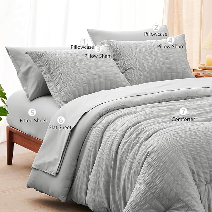 CozyLux Oversized King Comforter Set Light Grey Seersucker 7 Pieces 120x98 Bed in a Bag Comforter Set with Sheets, Light Gray Luxury Bedding Set Down Alternative Comforter, Sheets, Pillowcases & Shams