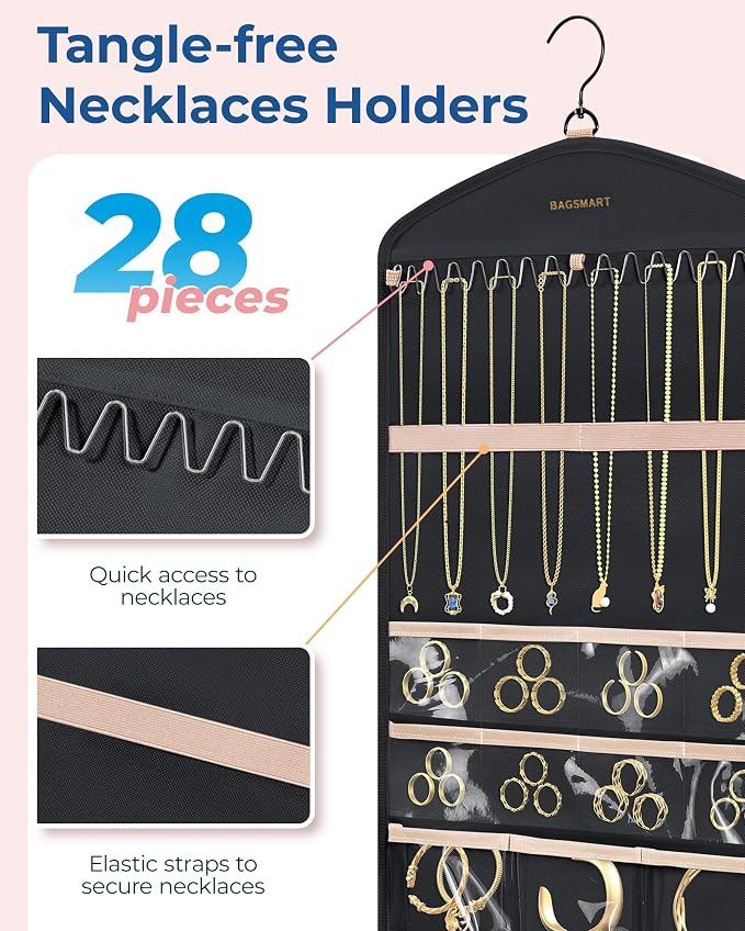BAGSMART Hanging Jewelry Organizer with Hanger Metal Hooks Double-Sided Jewelry Holder for Organizing Earrings Necklaces Rings Perfect for in Hanging Closet, Wall, Door, 1 Piece, M, Black - Image 3