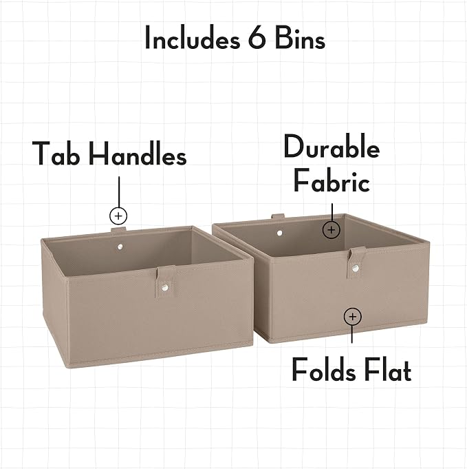 RiverRidge Kids 6pc Folding Storage Bins Set - 10.5”W x 5”H Fabric Boxes with Handles for Closet Organizer & Storage - Taupe Cube Storage Organizer for Toys, Clothes & Crafts - Fits RiverRidge Shelve - Image 3