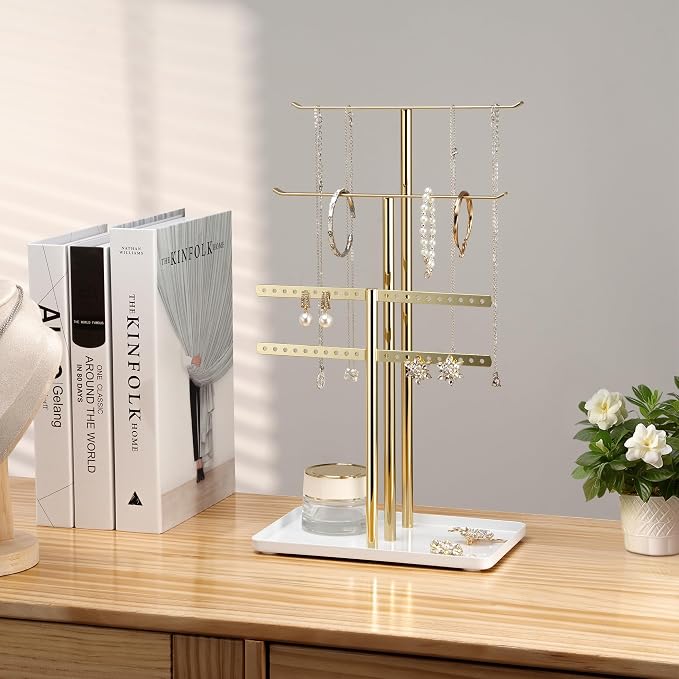 pickpiff Jewelry Stand Holder Organizer: 14.5" Sturdy Hanger for 80 Pcs Jewelry, Jewlery Tower for Display Necklace, Earring, Bracelet, Watch, Mirrored Gold - Image 6