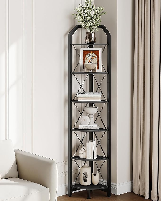 CHOEZON 6-Tier Corner Shelf, Industrial Corner Bookshelf, 71.2" Display Storage Stand, Plant Stand Display Shelf, Tall Bookcase for Bedroom, Living Room, Home Office, Black TCJ11BB by Choezon