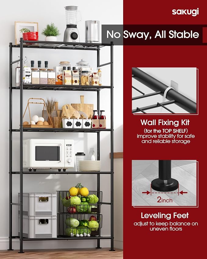 Sakugi Storage Shelves - 5 Tier Shelf Organizer, Heavy Duty Garage Shelving Unit with Leveling Feet, Stable Metal Shelves Organizer for Pantry, Kitchen and Closet, 33.0" W x 12.6" D x 72.0" H, Black - Image 8