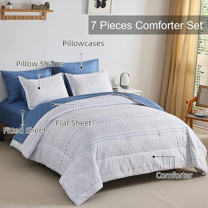 WONGS BEDDING Blue Boho Bed in a Bag Queen,7 Pieces Navy Comforter Set Queen Geometric Comforter Reversible Soft Microfiber Bedding Set with Comforter,Pillowcases,Flat Sheet,Fitted Sheet,Pillow Shams
