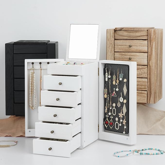 Meangood White Jewelry Box Wood for Women, 6-Layer Large Organizer Box with Mirror & 5 Drawers for Rings, Earrings, Necklaces, White - Image 5