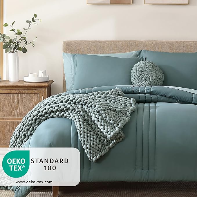 Monbix Oversized King Size Comforter Set - 7 Pieces Blue Green Bed in a Bag Oversized King Bedding Sets with Comforters, All Seasons Comforter Bed Set with Sheets, Pillowcases & Shams
