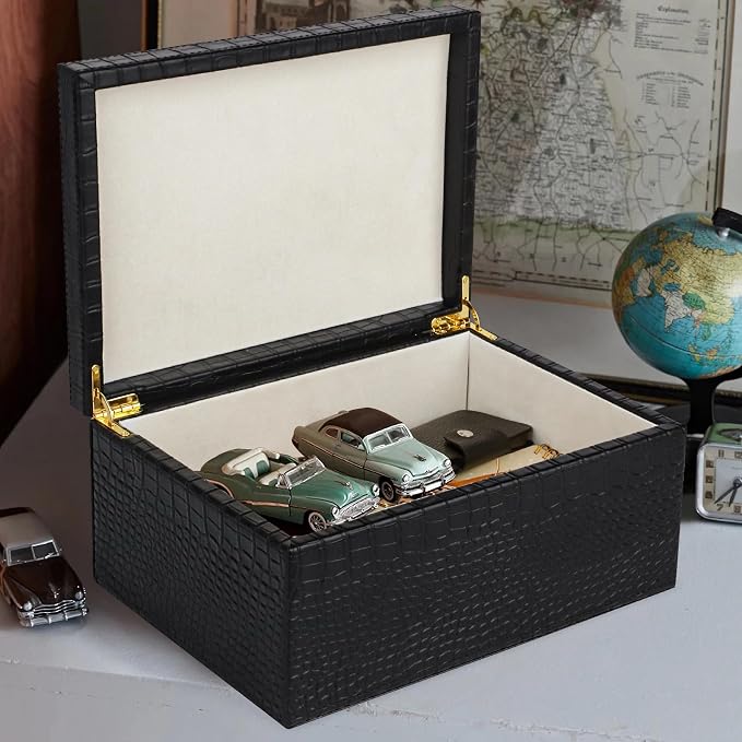 HofferRuffer Faux Leather Decorative Box, Large Wooden Structure Keepsake Box Accessory Organizer Jewelry Organizer with Hinged Lid, Storage Container for Home or Office (CrocoBlack) - Image 4