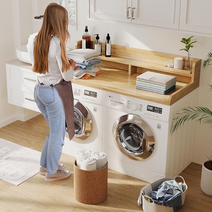 2-Tier Washer Dryer Countertop with 2.75" H Edge Rails, 58" W x 28" D Laundry Countertop for Folding Clothes, Washer and Dryer Topper with Non-Slip Pad (Pure Wood Color) - Image 4