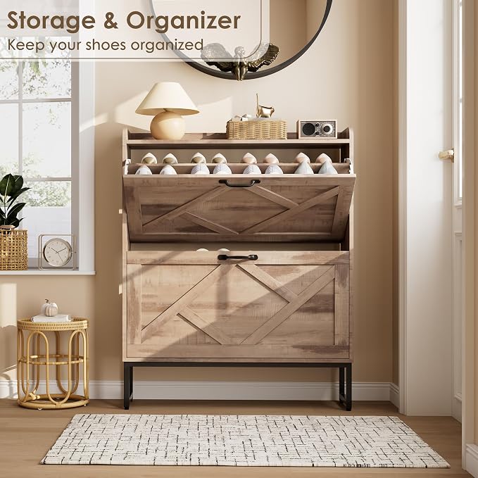 Nicetree Shoe Cabinet with 2 Flip Drawers，Freestanding Shoe Storage Cabinet, Narrow Shoe Organizer Cabinet, Farmhouse Slim Shoe Rack Cabinet for Entryway,Toasted Oak - Image 4