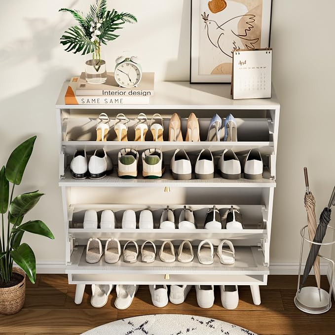 Fsbecl Shoe Storage Cabinet for Entryway with 2 Flip Drawers, Narrow Wood Shoe Cabinet with Fluted Panel, Freestanding Hidden Shoe Organizer for Foyer, Hallway (White - with Shelf) - Image 3