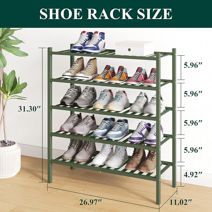 Smiry Bamboo Shoe Rack for Closet, 5 Tier Wooden Stackable Shoe Organizer, Free Standing Shoes Storage Shelf for Entryway, Front Door Entrance, Green - Image 2