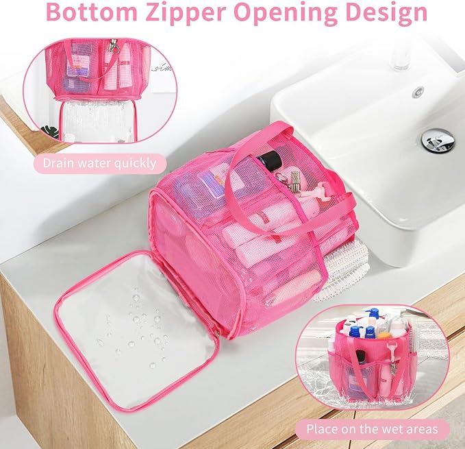 Mesh Shower Caddy Portable for College Dorm Room Essentials, Shower Tote Bag with Hanging Hook and Drawstring, Quick Dry Toiletry Bag with 6 Pockets for Bathroom, Swimming, Gym, Camping, Beach, Travel - Image 3