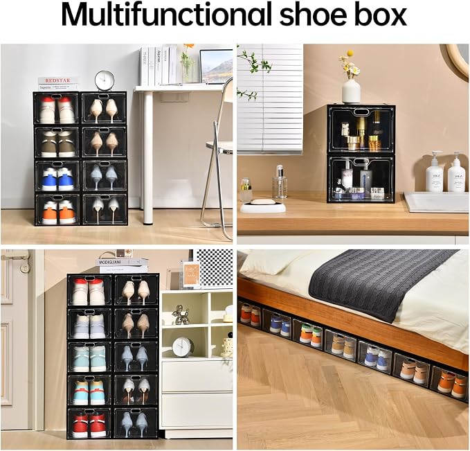 INSTY 12 Pack Large Shoe Storage Box, Clear Shoe Storage Organizer with Magnetic Door, Stackable,Shoe Containers For Display Sneakers, Easy Assembly, Fit up to US Size 12, Black - Image 7