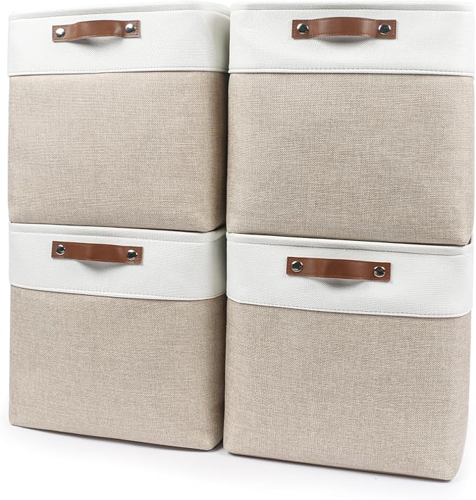 Bagnizer 13x13 Cube Storage Bins, Collapsible Fabric Storage Box, 4 Pack Closet Baskets with Handles for Organizing, Shelf, Toys, Clothes, Home, Office, Nursery (Beige&White) by Bagnizer