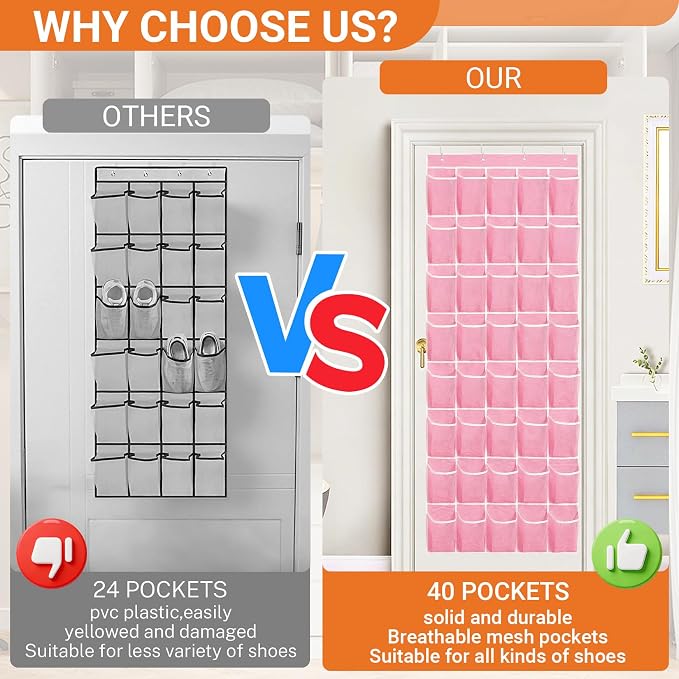 40-Pocket Over the Door Shoe Organizer - Large Mesh Pocket Hanging Shoe Organizer,Behind the Door Shoes Storage Holder Hanger (Pink-W) - Image 2
