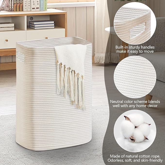 MEGASKET Large Laundry Hamper 16"x13"x22" - Tall Woven Laundry Basket, Cotton Rope Dirty Clothes Hamper, Baby Kids Nursery Wicker Laundry Basket, Bedroom Aesthetic, Soft Laundry Bin, White Hamper, 75L - Image 2