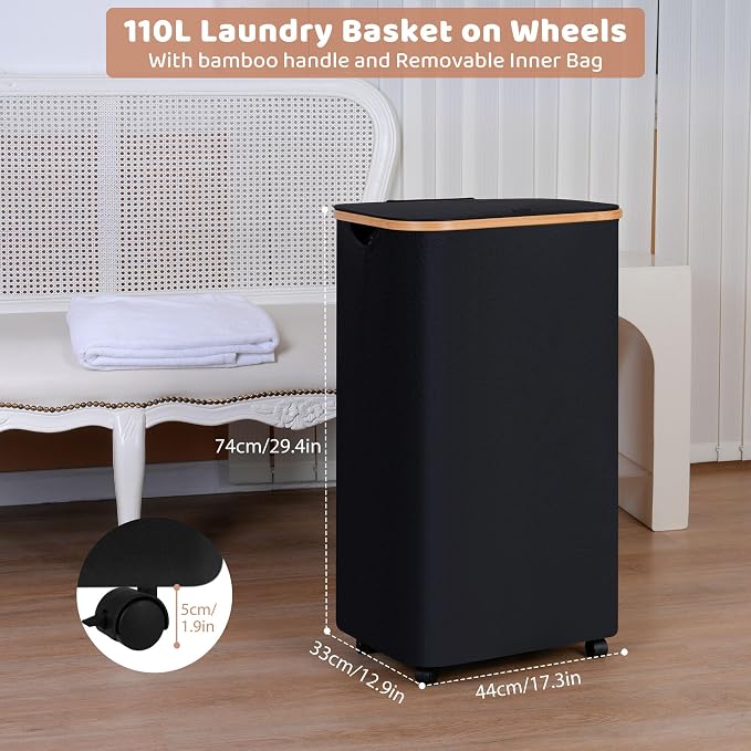 iEGrow 110L Laundry Basket with Wheels,Clothes Hamper for Laundry,Laundry Hamper with Lid and Inner Bag, for Laundry Room, Bedroom, Dormitory Storage,Black - Image 4