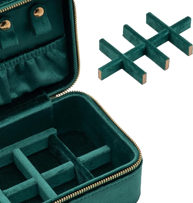 Velvet Travel Jewelry Organizer Box with Zipper Around Portable Accessory Display Tray Holder Storage Case for Multiple Earrings Rings Necklaces Bracelets (Green) - Image 3