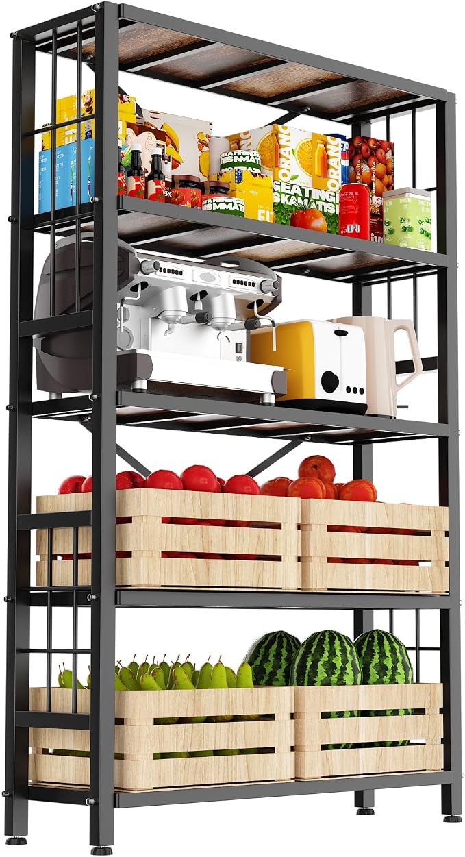 GIOTORENT 5-Tier Kitchen Storage with Wooden Boards, Heavy Duty Storage Shelves & Bookshelf, Adjustable Metal Shelving Unit for Garage Kitchen Bathroom Laundry Organizer, 1500LB Capacity, Black by GIOTORENT
