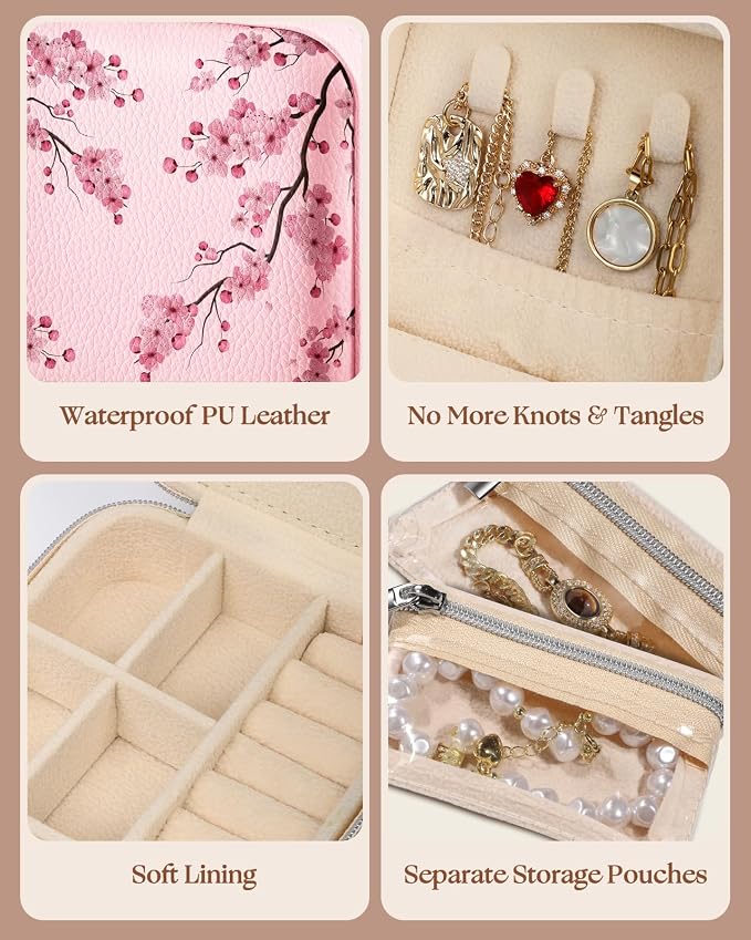 Bistup Travel Jewelry Case - Small Jewelry Organizers and Storage Box for Women Girls Teens Cute Traveling Jewelry Holder with Mirror Little Tiny Compact Modern Unique Aesthetic Pretty, Peach Blossom - Image 5