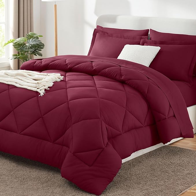 CozyLux King Size Comforter Set Burgundy - 7 Pieces Bed in a Bag King, Luxury Soft Bed Set for All Seasons, Bedding Set with Down Alternative Comforter, Sheets, Pillowcases & Shams