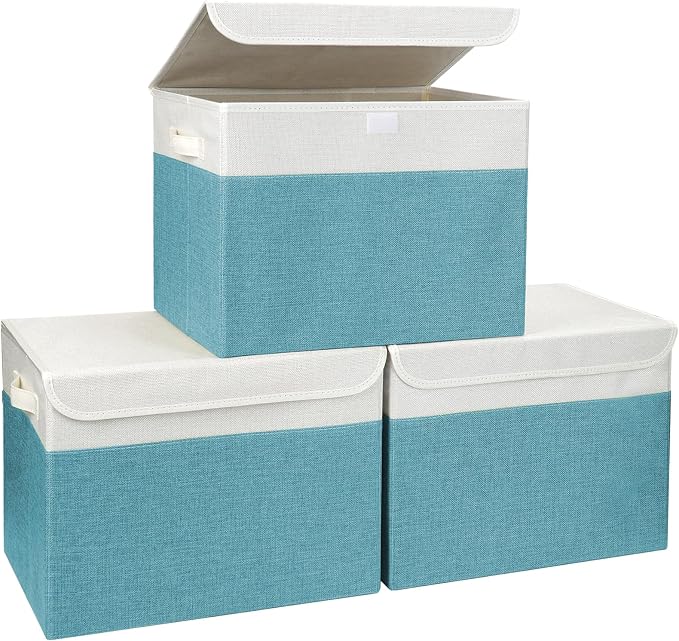 Large 17" 42 Quarts Collapsible Stackable Storage Bins with Lids [3-Pack] Foldable Fabric Linen Storage Boxes Cube, Closet Organizer Baskets with Label for Home (16.7 x 12 x 12", Teal & White) by Bagnizer