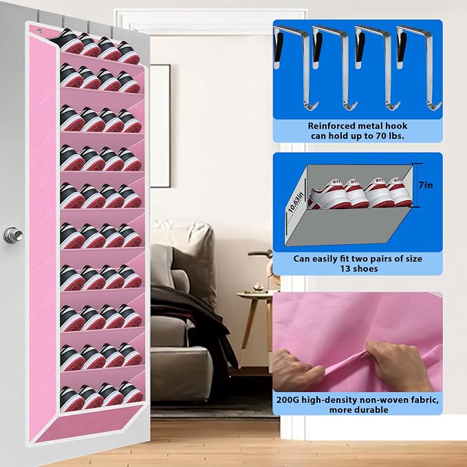 Over The Door Shoe Organizer, 70 Pounds Large Capacity, 20-30-Pair shoe organizer, Heavy Duty-Extra Deep Pockets ,Anti-Scratch Hooks & FSC-Certified Bamboo ,Engineered for Men’s Size 13 shoe,Pink - Image 3