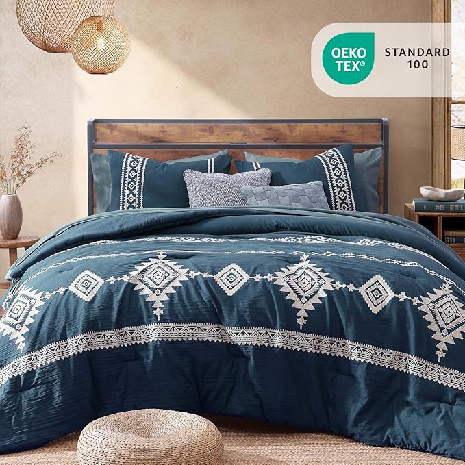 MaiRêve Embroidery Full Size Comforter Set Navy Blue, Farmhouse Western Boho Bedding Set 7 Pieces, All Season Bed in A Bag Comforter Set with Sheets, Pillowcases & Shams