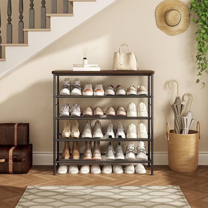 SUOERNUO Shoe Rack Organizer 5 Tier for Closet Entryway Free Standing Metal Storage Shoe Shelf with MDF Top Board，Black+Rustic Brown - Image 3