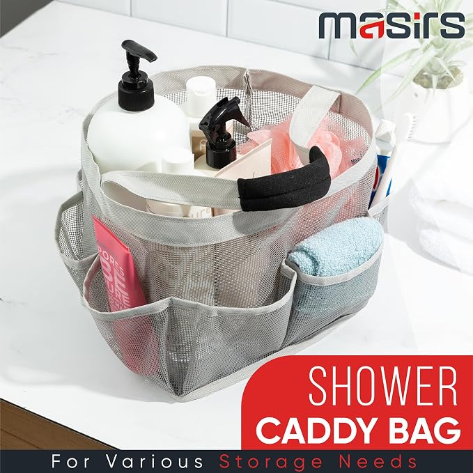 Masirs Mesh Shower Caddy – 9 Pocket Portable Shower Caddy Organizer for College Dorm, Travel, Gym, Bathroom – Quick Dry, Lightweight Tote Bag for Toiletries & Essentials, Gray - Image 2