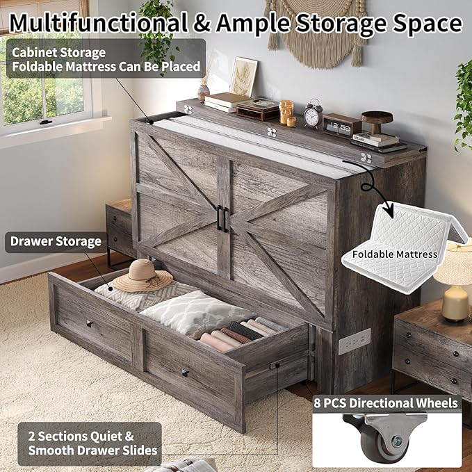 LUXOAK Murphy Bed Queen Size Cabinet Bed with Charging Station, Large Storage Drawer for Home Office or Small Room, Hideaway Bed Foldable Platform Bed, Rustic Grey