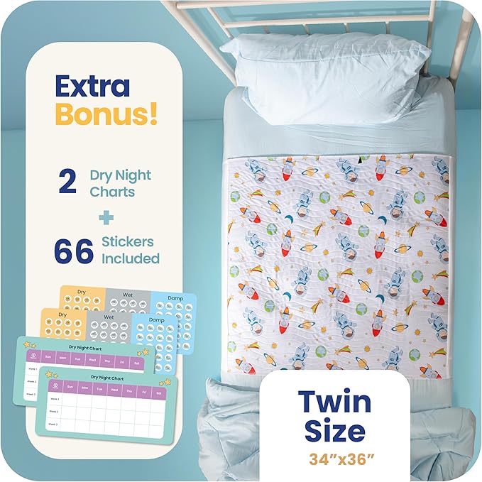 IMPROVIA® Pee Pads for Kids - Bed wetting Pads for Kids Potty Training Bed mats for Toddlers Waterproof Reuseable Washable Absorbent, Non Slip - Space Design - Twin Size 34”x36