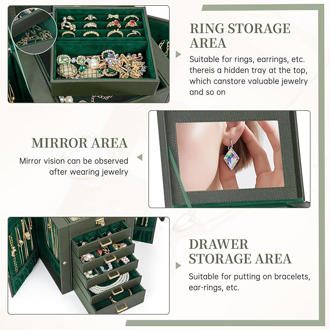 AKOZLIN Jewelry Box Organizer Functional Leather Jewelry Storage Case for Women Girls Ring Necklace Earring Bracelet Holder Organizer with Mirror - Image 2