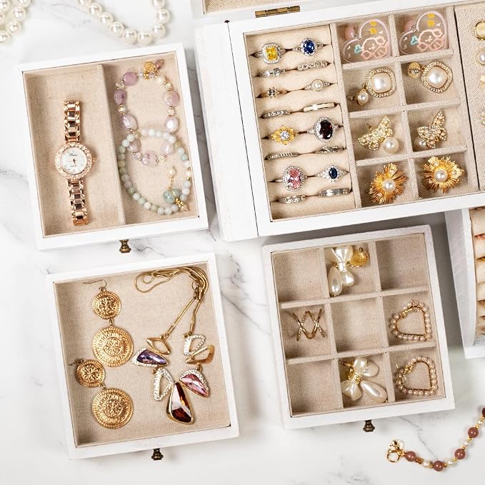 Poyilooo Jewelry Box Organizer, Solid Wood Jewelry Boxes for Women for Storage & Display Necklace Ring Earring Bracelet, Rustic Style Jewelry Organizer Box for Women Gifts (Weathered White) - Image 4