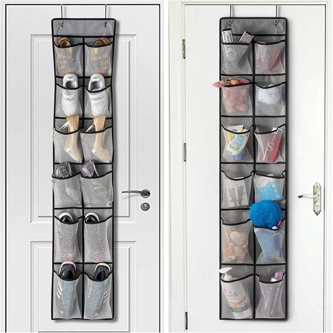 KEEPJOY Over The Door Shoe Organizer 2 Pack,Mesh Pockets Hanging Shoe Rack Over The Door,Shoe Storage Closet with 4 Hooks,Washable and Breathable Fabic,Large Size 57.5×12.6inch(Grey) - Image 4