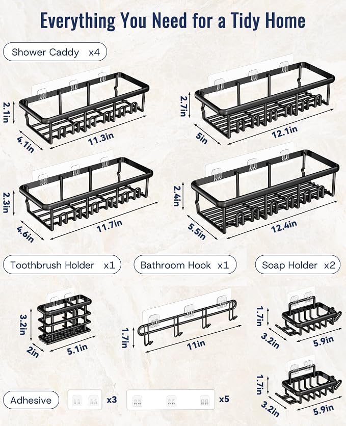 8 Pack Adhesive Rustproof Shower Shelves with Soap Dishes, Toothbrush Holder & Hooks, Large Capacity No-Drilling Shower Shelves Rack for Bathroom Organizers and Storage Accessories, Black - Image 8