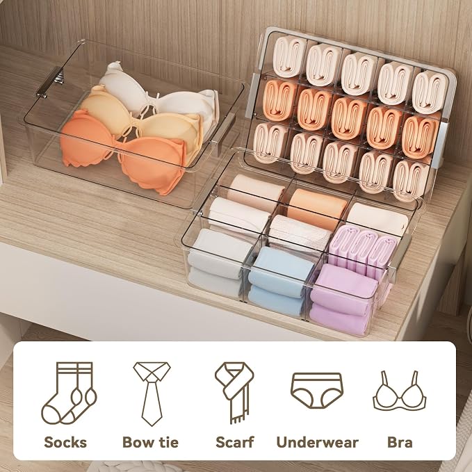 Socks Bra Underwear Drawer Organizer for Closet, 2 PCS Plastic Storage Box with 15 Removable Compartments and Lid, Clear Dresser Drawer Organizer Storage Container with Dividers for Sock Ties Belts - Image 9