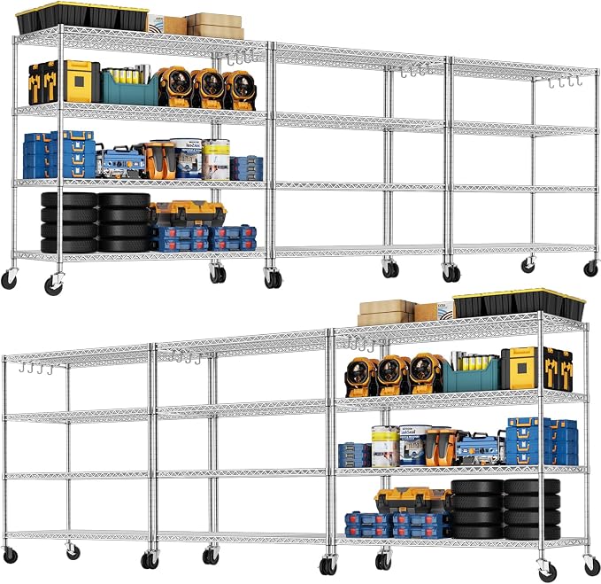 PrimeZone 4 Tier 55.5" Wx24 Dx76 H Wire Shelving with Wheels 2400lbs NSF Certified Storage Shelves Heavy Duty Metal Shelf Adjustable Rolling Rack Commercial Garage Restaurant Warehouse Kitchen 6Pack by PrimeZone
