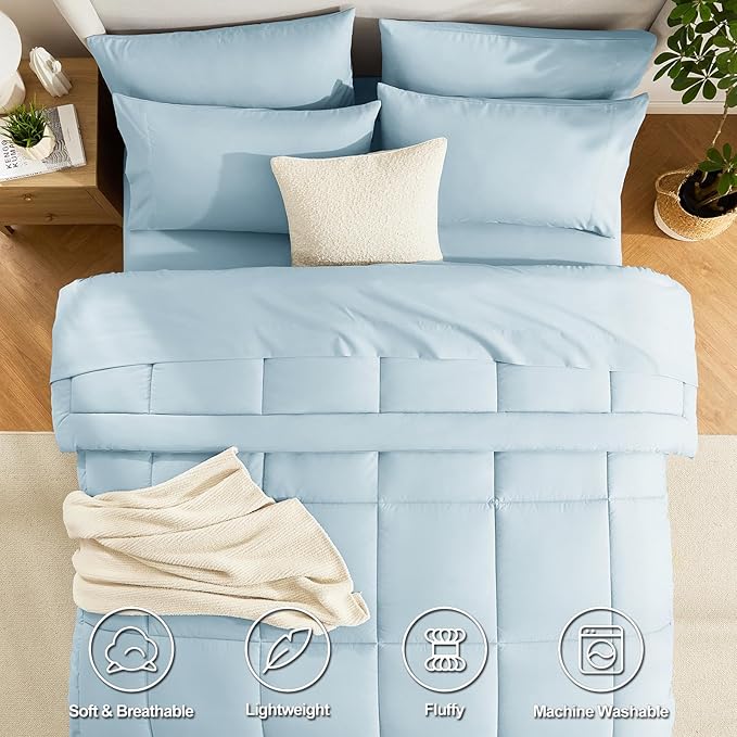 CozyLux Queen Comforter Set Light Blue, 7 Pieces Bed in a Bag, Blue Comforters Queen Size, All Season Bedding Sets with Stitch Quilted Comforter, Flat Sheet, Fitted Sheet, Pillowcases