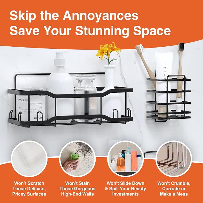 Shower Caddy Bathroom Shelves, The Athena Silken 4 Set, 40LB Capacity, Adhesive Tape No Drill - Rustproof -Gorgeous Powder Coated 304 Stainless Steel Shower Organizer for kitchen & Home Decor - Black - Image 7