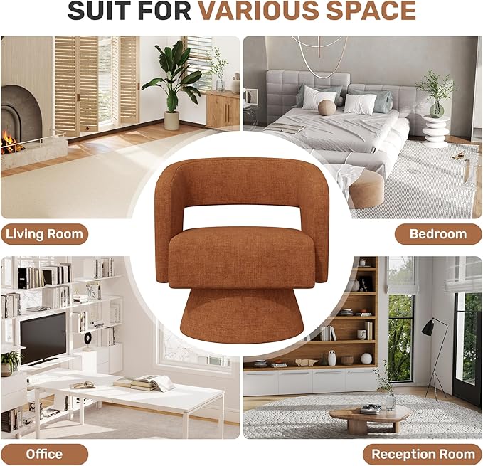 Nebuaegis Swivel Accent Chair Set of 4, Modern Comfy Chenille Barrel Chairs, Oversized Upholstered Round Arm Chair for Living Room, Bedroom, Reading Room, Caramel