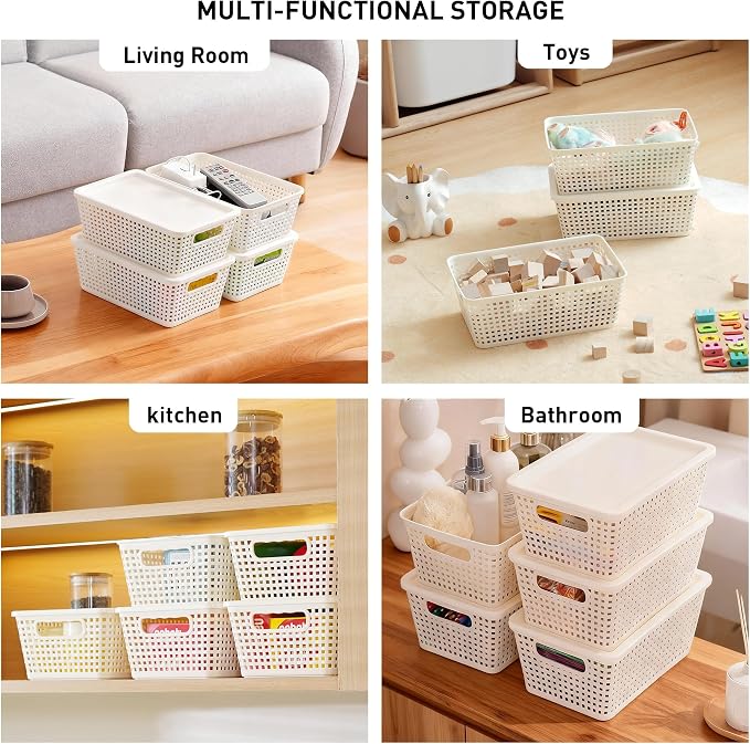 Plastic Storage Baskets With Lid, Storage Bins for Organizing, Stackable Decorative Containers for Shelves Drawers Desktop Closet Playroom Classroom Office, 8 Pack-White - Image 5