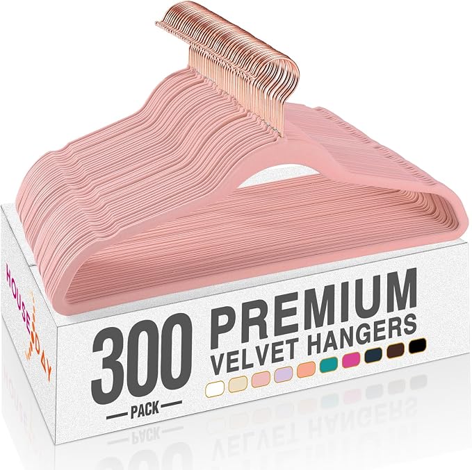 HOUSE DAY Lt Pink Velvet Hangers 300 Pack, Premium Clothes Hangers Non-Slip Felt Hangers, Sturdy Black Hangers Heavy Duty Coat Hangers, Durable Suit Hangers, Space Saving No Hanger Mark Rotating Hook by HOUSEDAY