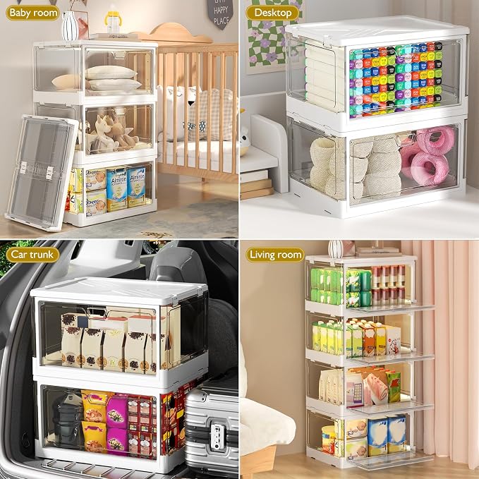 Kmiectse Clear Storage Bin with Lid 3 Pack 【Stackable & Sturdy】 Plastic Multifunctional Folding Storage Bins for Bedroom, Living Room, Study,Room, 23 QT Folding Box with Magnetic Door - Image 6