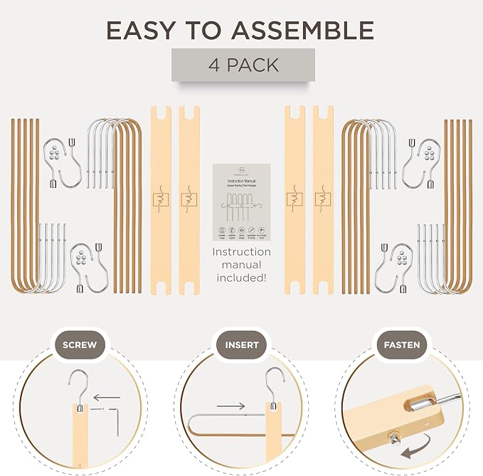 MORALVE Pants Hangers Space Saving - 4 Pack European Beechwood Scarf and Jean Hangers - Closet Organizer and Space Saver Pant Rack, Leggings Hanger, and Scarf Holder with 360° Swivel Hook - Image 7