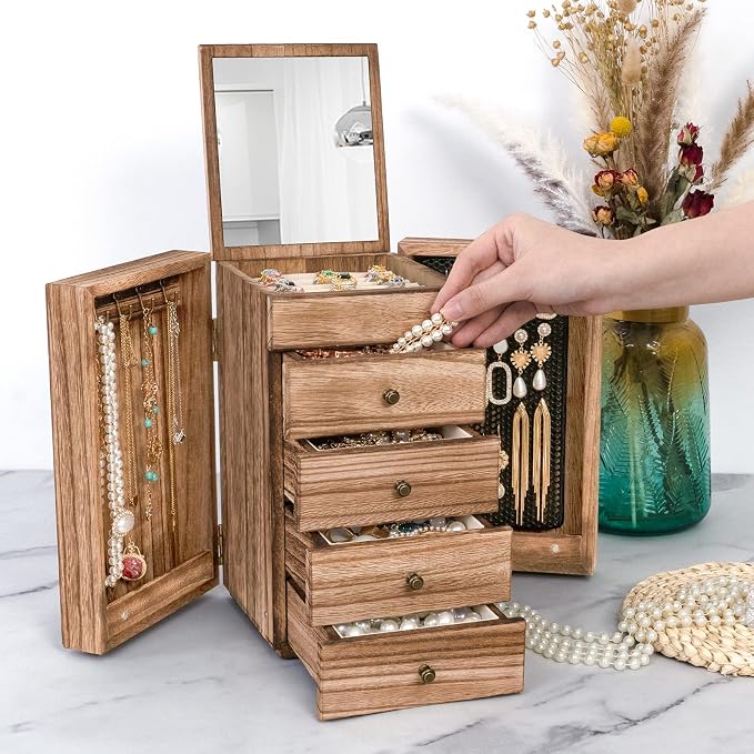 Meangood Jewelry Box Wood for Women, 5-Layer Large Organizer Box with Mirror & 4 Drawers for Rings, Earrings, Necklaces, Vintage Style, Torched Wood - Image 6