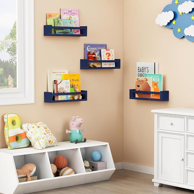 Forbena Navy Blue Floating Book Shelves for Nursery Boy, Decorative Wall Bookshelf for Kids Room, Small Wood Floating Shelves Wall Mounted for Boys Bedroom Bathroom (Set of 4, Blue) - Image 3