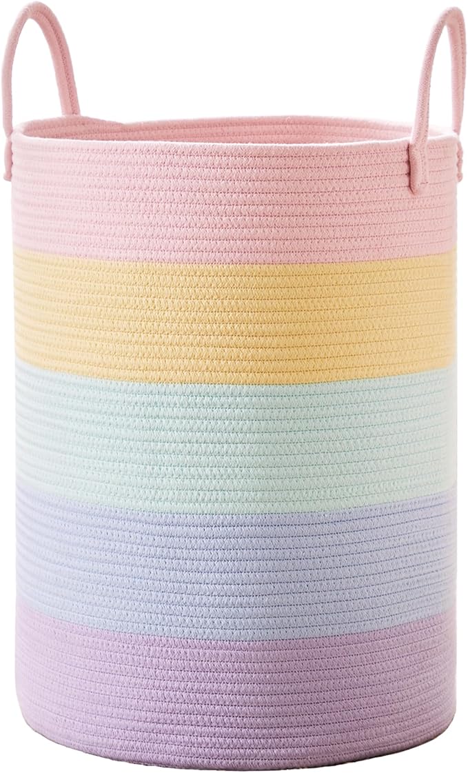 80L Extra Large Rainbow Laundry Hamper for Baby Girls Clothes Tall Woven Laundry Basket for Kids Nursery Toy in Playroom Blanket Basket for Living Room Bedroom 16"D x 22"H Pastel Unicorn by MOJOSCEND