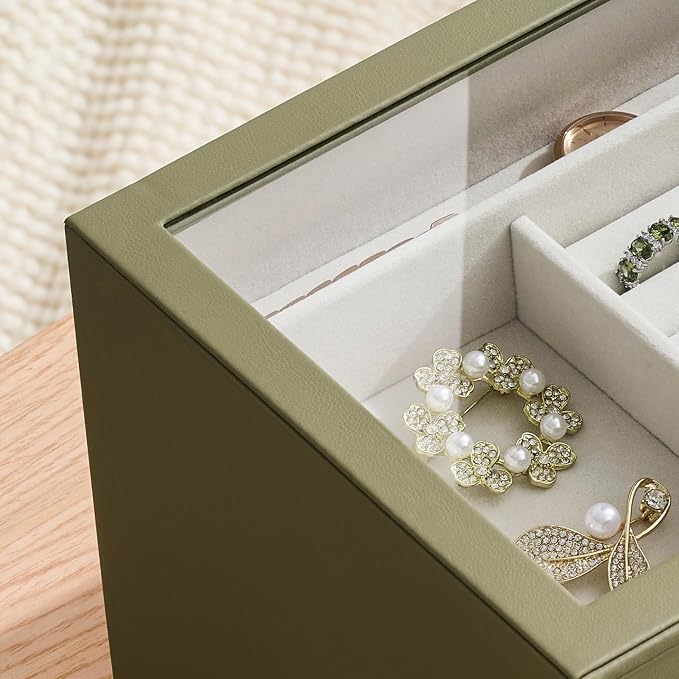 Jewelry Box Organizer Case for Women: 4-Layer Jewelry Storage Case with Glass Window, Olive Green Leather with Cream Velvet, Holder for Ring Necklace Bracelet Brooch Watch, Great Gift for Her - Image 8