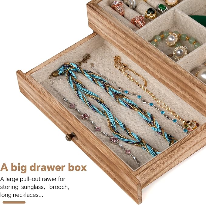Meangood Jewelry Box Organizer for Women, 2 Layer Large Jewelry Storage Case, Rustic Wooden Jewelry Box with Mirror & Ring Tray for Necklace Earring Bracelets Rings, Vintage Style (Torched Wood) - Image 5