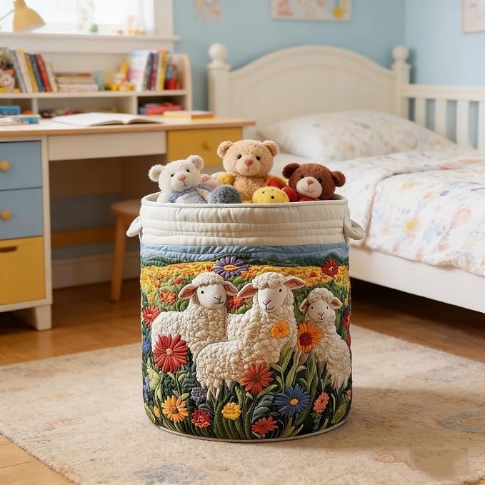 Quilted Laundry Basket with Handles, Boho Floral Fabric Storage Hamper, Large Soft Quilted Laundry Basket for Nursery, Bedroom, Laundry Room,Clothes & Toys (G, L) - Image 3